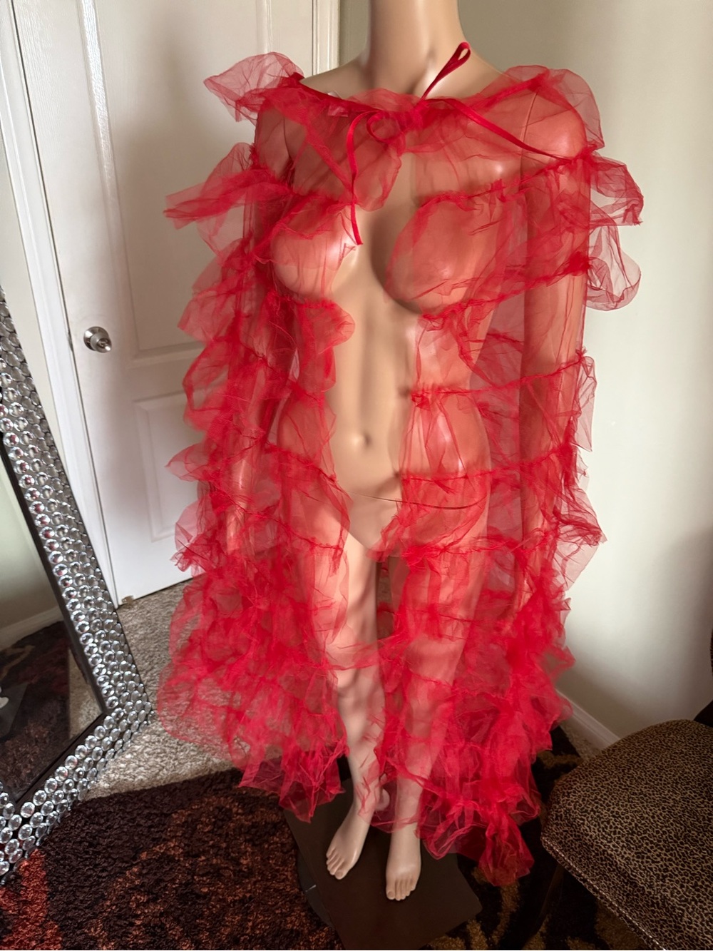Sheer Ruffled Red Chiffon Cape- Women’s Glamorous Cover-Up